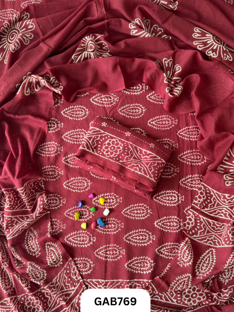 Handblock Cotton Suits With Mulmul Cotton Dupatta | Top 2.5 Mtr Dupatta 2.5 Mtr