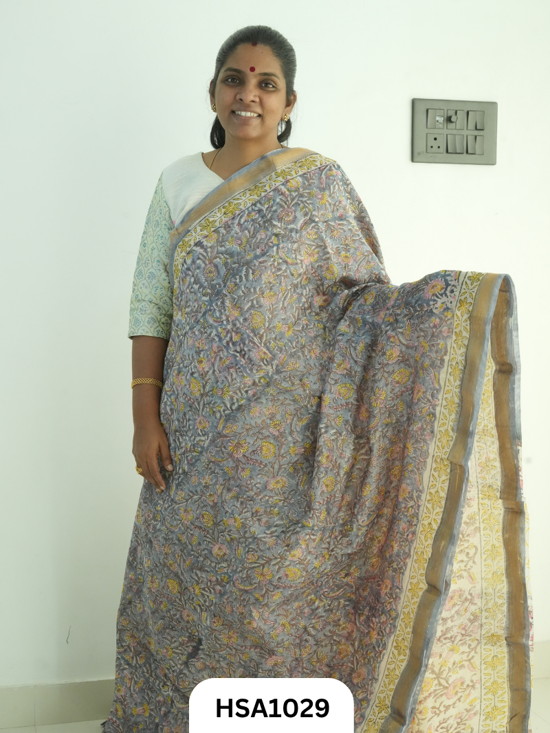 Pure Maheswari Silk Cotton - Handblock Print Saree With Blouse