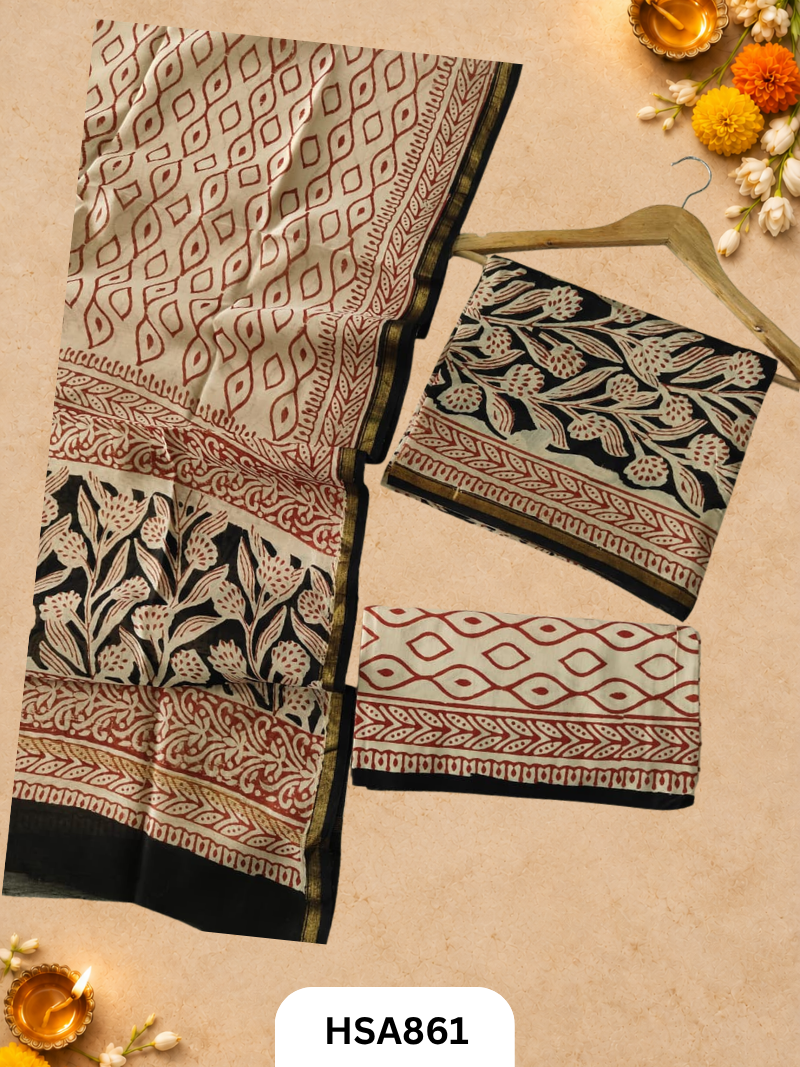 HandBlock Printed Chanderi Silk Cotton Suits -Top 2.5M Duptta 2.5M
