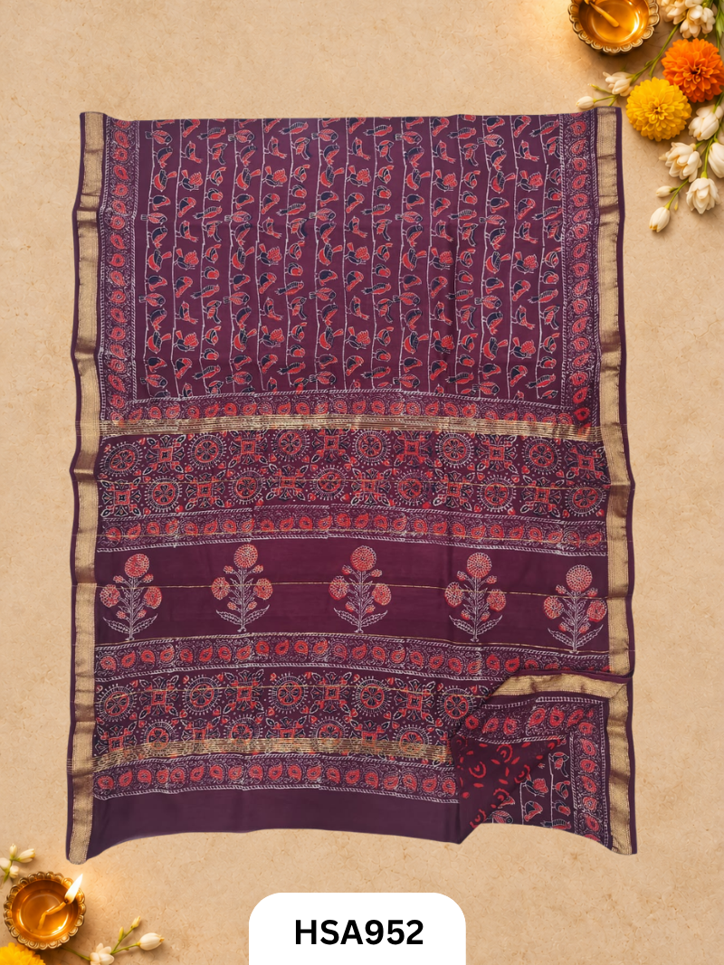 Pure Maheswari Silk Cotton - Handblock Print Saree With Blouse
