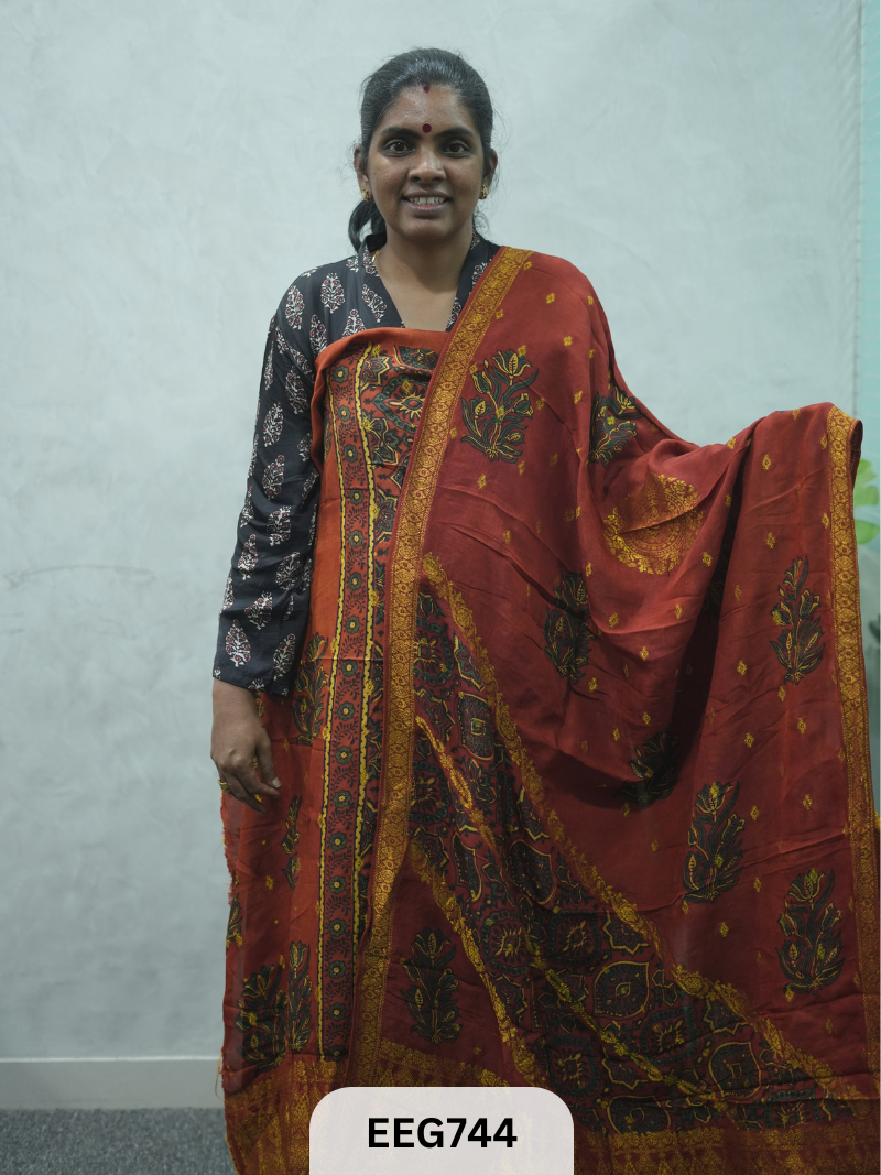 AJRAKH DOLA SILK 2 PCS-UNSTITCHED ( TOP 3.5MTR AND DUPPATA 2.25MTR ) - IMMEDIEATE DISPATCH