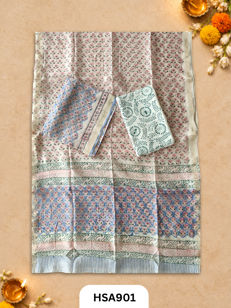 HandBlock Printed Maheshwari Silk Zari Border Top & dupttas 2.5 Mtrs | Bottom cotton 2.50 mtrs