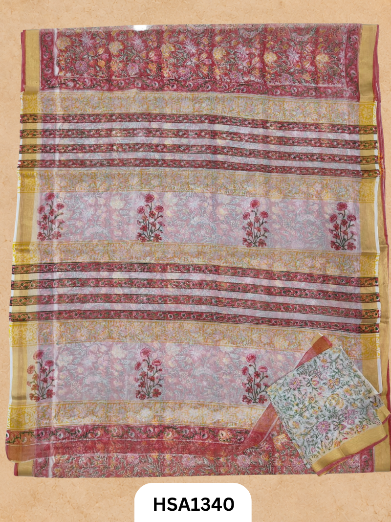 Chiffon Zari Border Saree - Hand Brush Painted