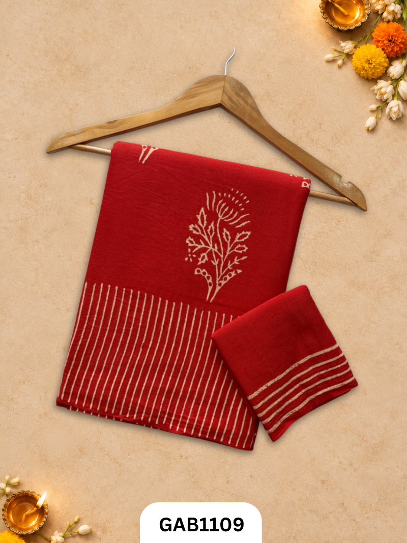 Bagru Handblock Print Mulmul Cotton Saree With Blouse
