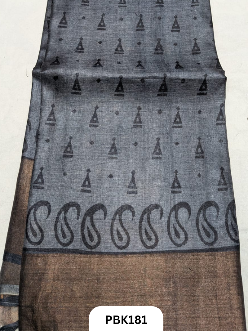 Premium Pure Tussar Silk Handblock Print Saree – Kolkata Special