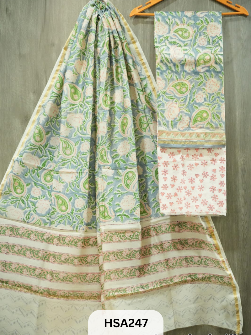 CHANDERI SILK HAND BLOCK PRINTED SUIT | 3 PCS
