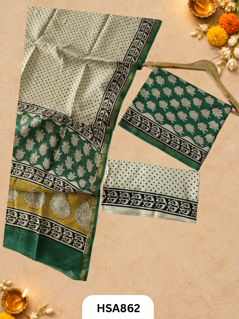 HandBlock Printed Chanderi Silk Cotton Suits -Top 2.5M Duptta 2.5M
