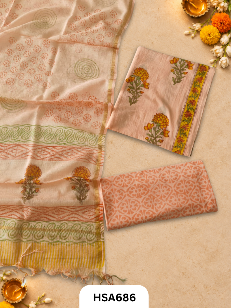 Handblock Printed Kota Doriya Dupatta With Cotton Suits Top 2.5mtr Dupatta 2.5mtr