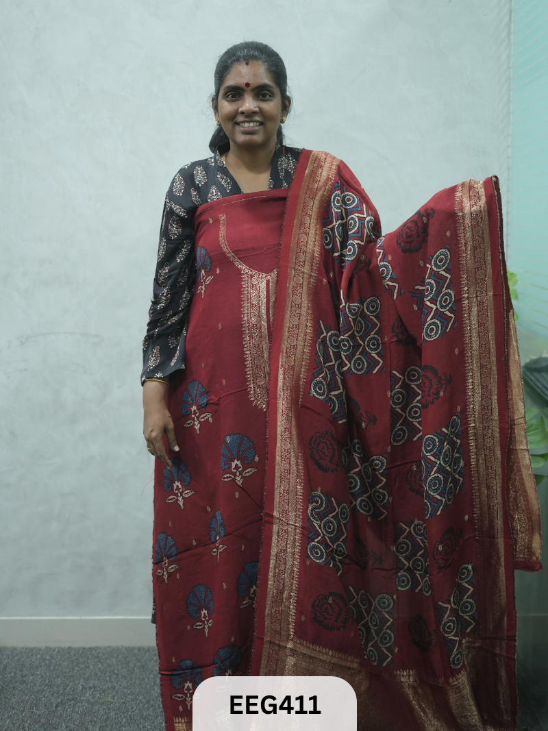 AJRAKH DOLA SILK 2 PCS-UNSTITCHED ( TOP 3.5MTR AND DUPPATA 2.25MTR ) - IMMEDIEATE DISPATCH