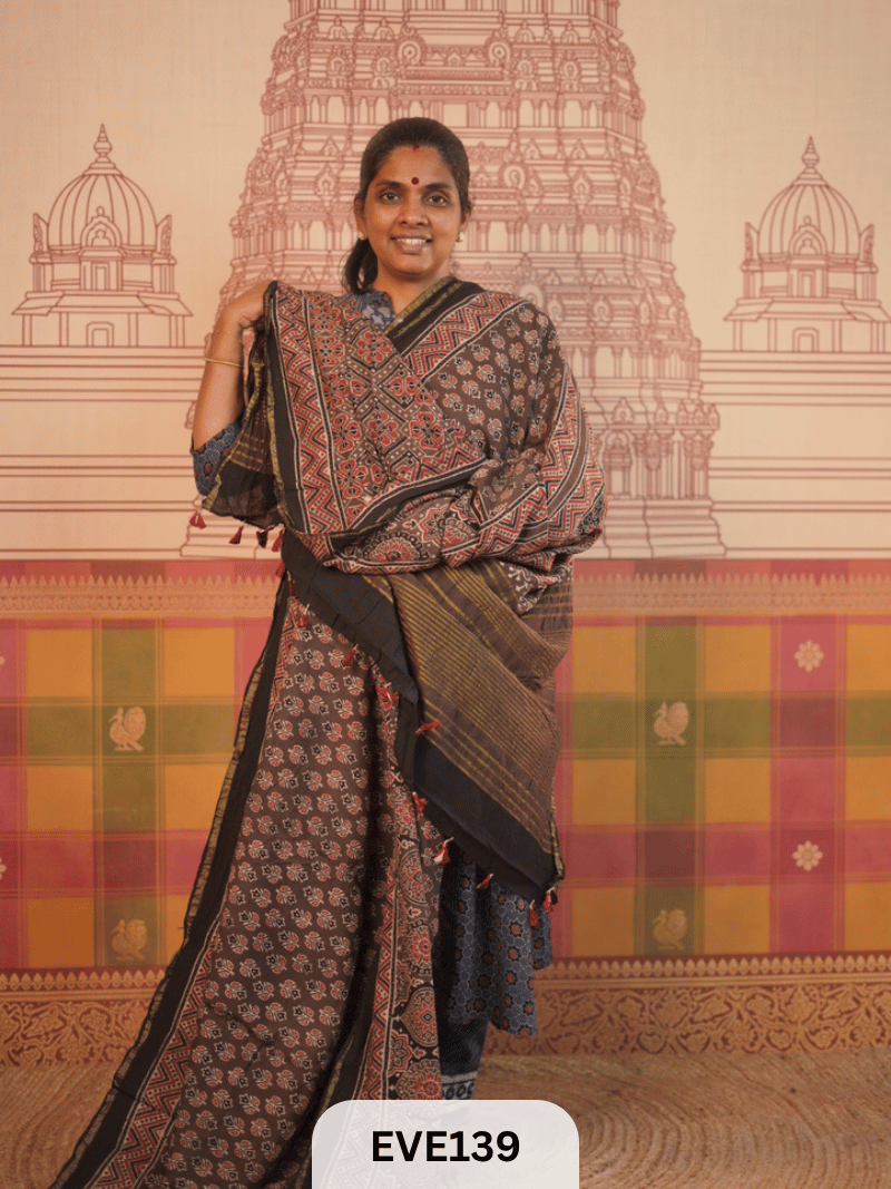 PURE CHANDERI SILK AJRAKH HANDBLOCK SAREE