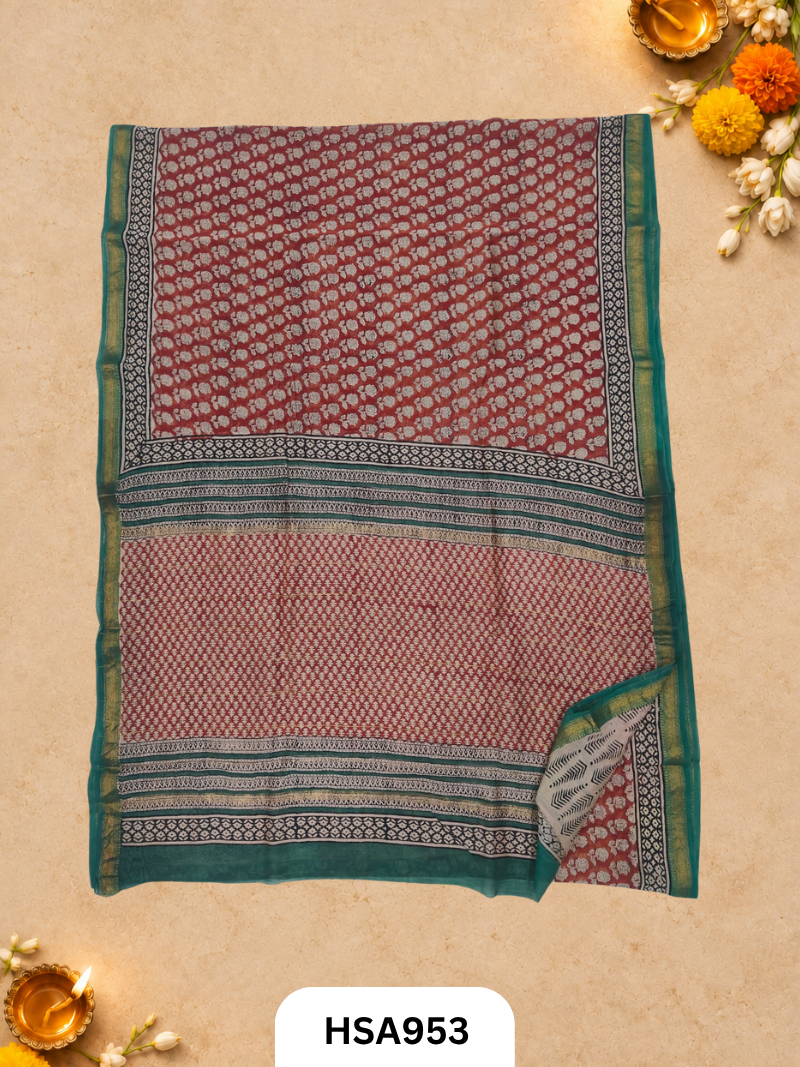 Pure Maheswari Silk Cotton - Handblock Print Saree With Blouse