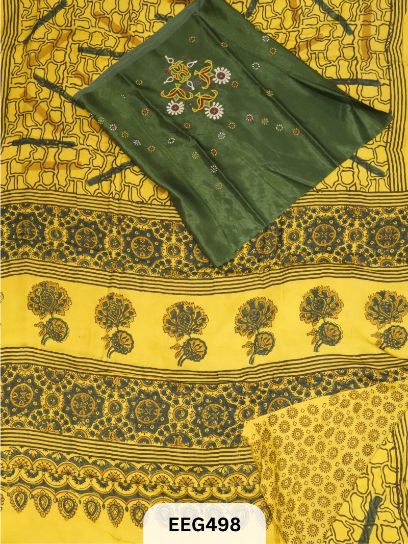 AJRAKH MODAL SAREE WITH KUTCHI HANDWORK BLOUSE PIECE EXTRA