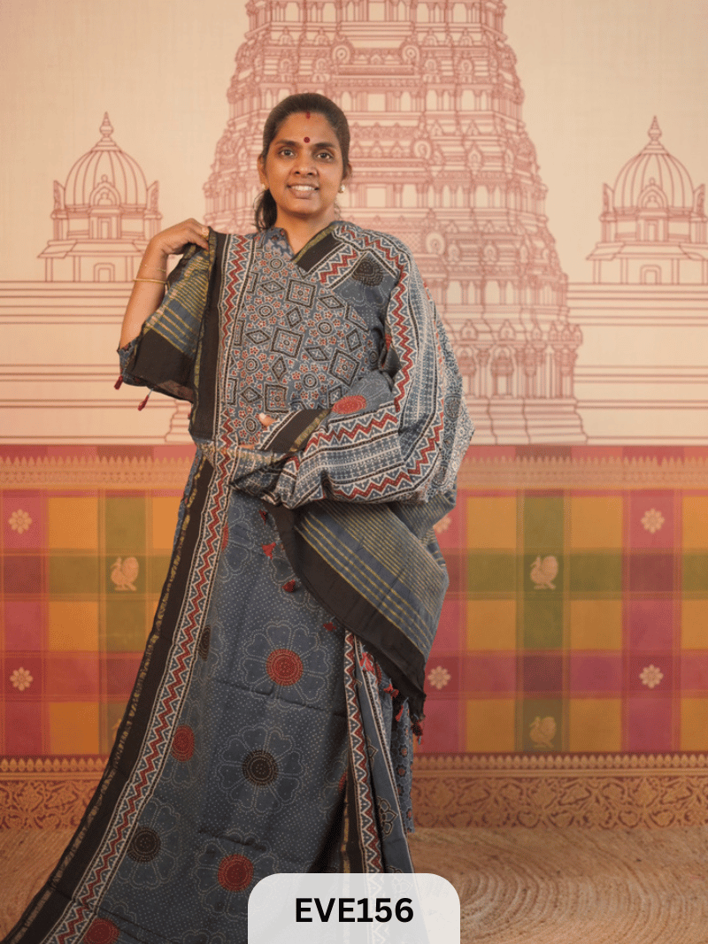 PURE CHANDERI SILK AJRAKH HANDBLOCK SAREE