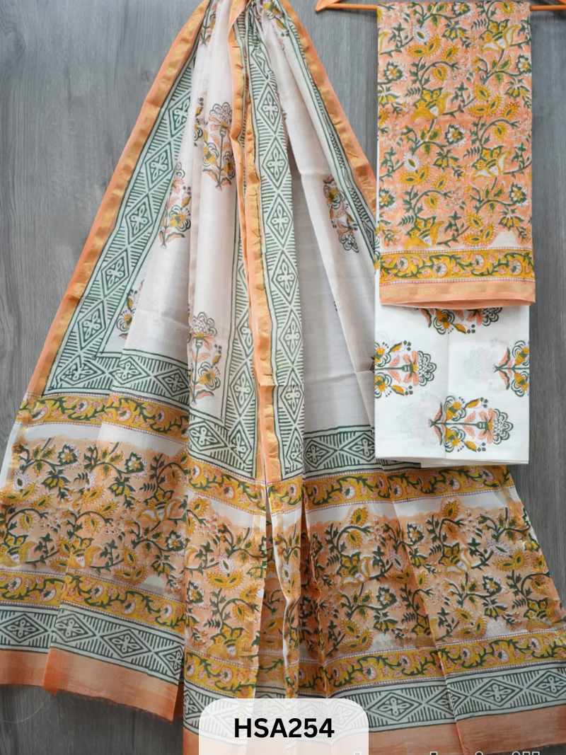 CHANDERI SILK HAND BLOCK PRINTED SUIT | 3 PCS