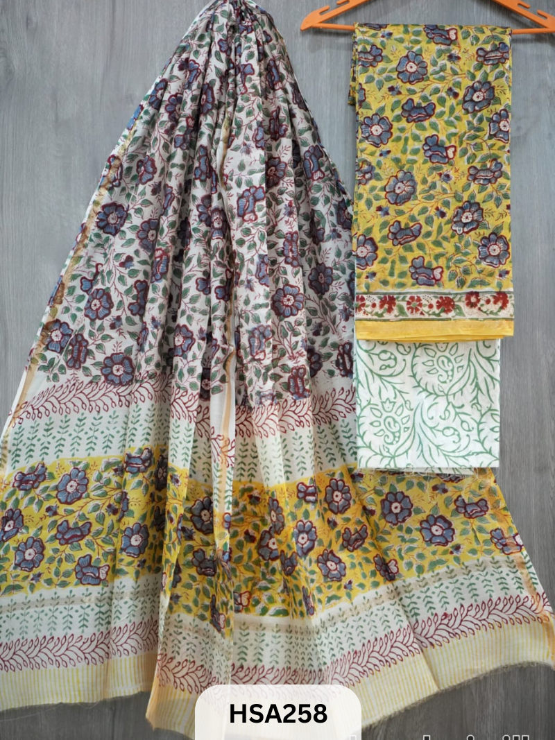 CHANDERI SILK HAND BLOCK PRINTED SUIT | 3 PCS