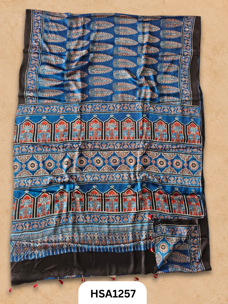 Natural Dye Vegetable Hand Block Print Ajrakh Print Pure Modal Silk Saree