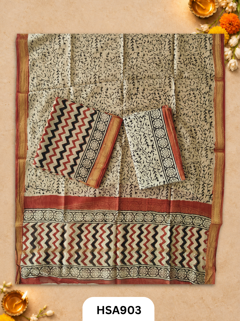 HandBlock Printed Maheshwari Silk Zari Border Top & dupttas 2.5 Mtrs | Bottom cotton 2.50 mtrs