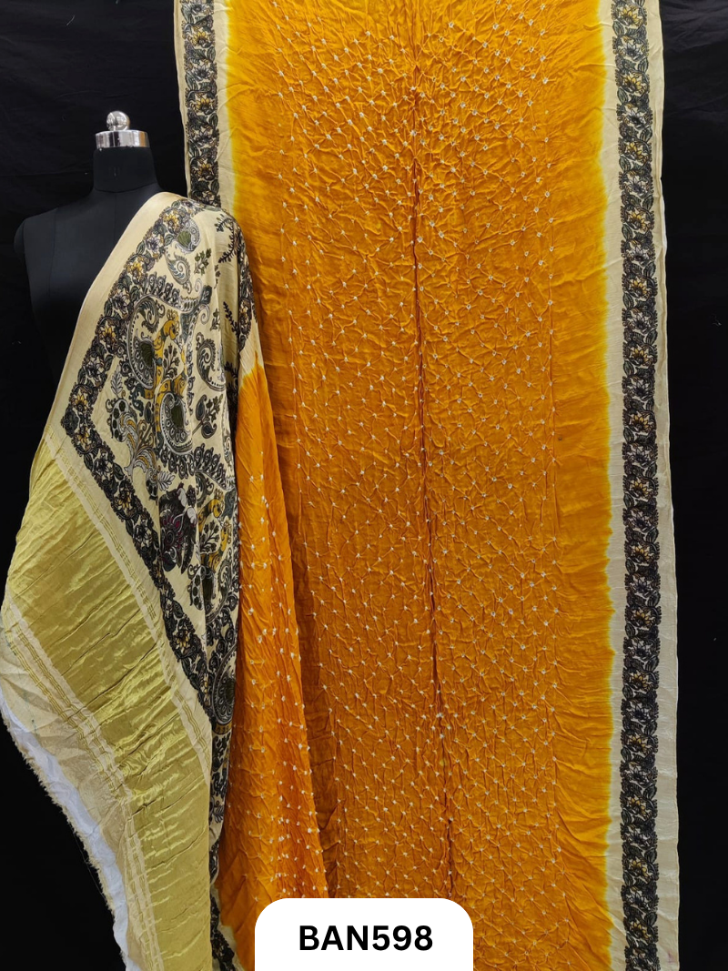Semi Gaji ts kalamkari digital print pallu, blouse and border with bandhej saree