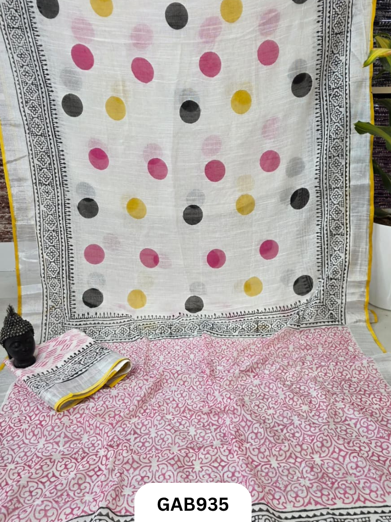 Bagru Handblock Print Linen Saree With Attached Blouse