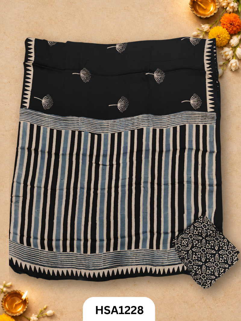 Hand Block Print Ajarkh Vanaspati Modal Silk Saree with blouse