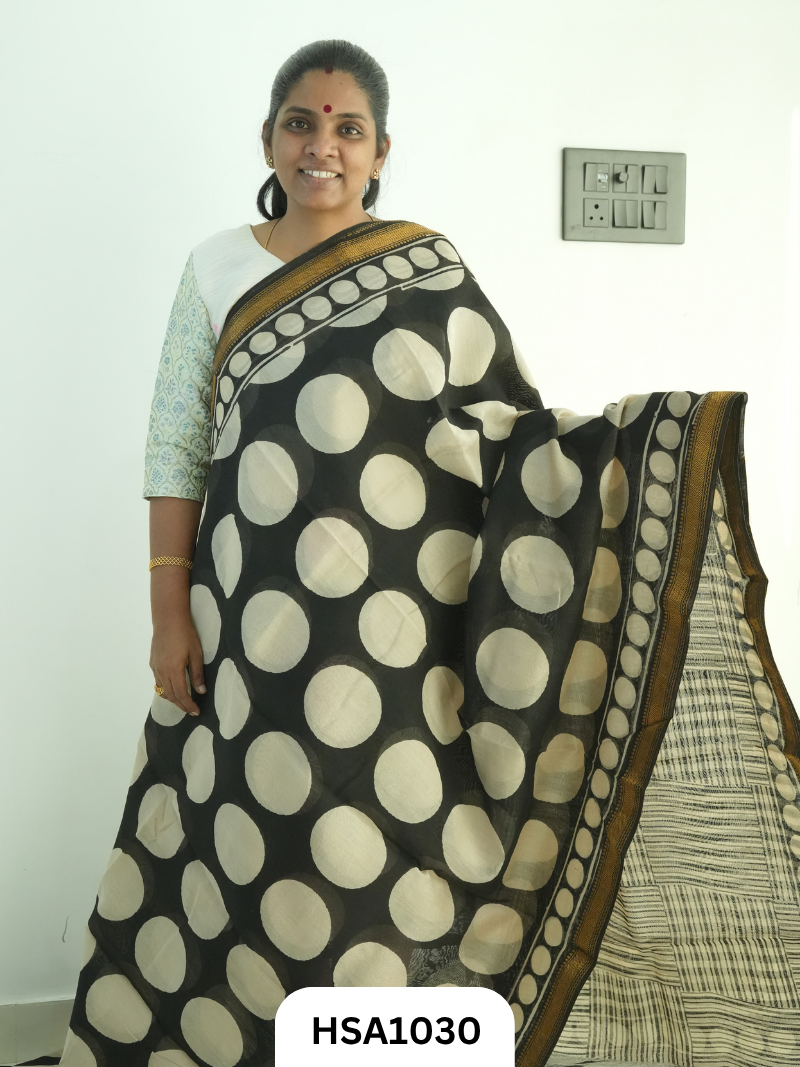 Pure Maheswari Silk Cotton - Handblock Print Saree With Blouse