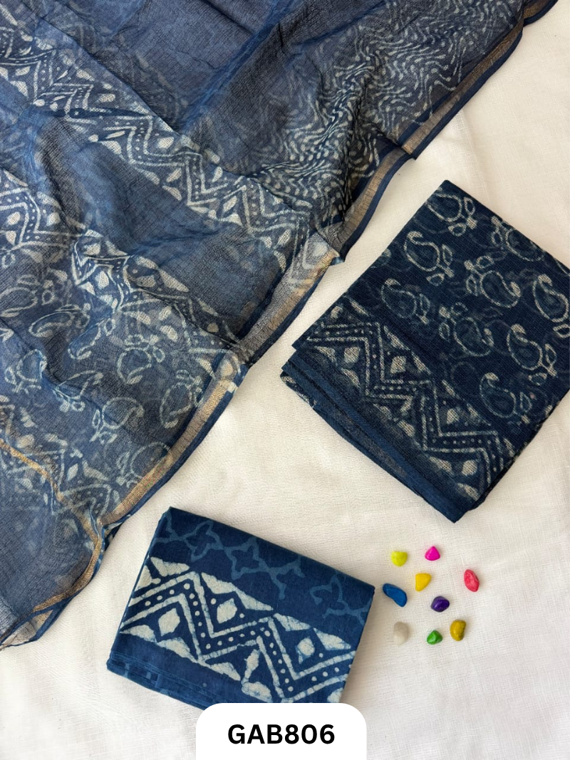 HandBlock Printed Kota Doriya Suit With Kota Doriya Duppta Cotton bottom | 2.5 mtr