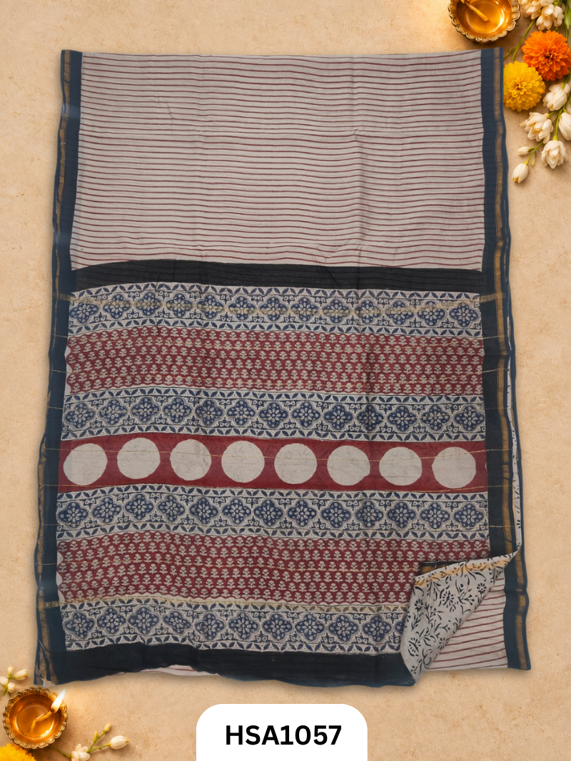 Pure Hand Block Printed Chanderi Silk Saree With Printed Blouse
