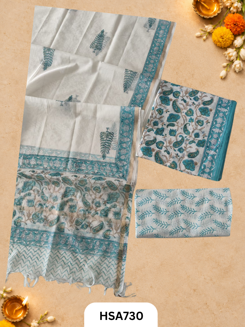 HandBlock Printed Chanderi Silk Dupatta With Cotton Suits -Top 2.5M Duptta 2.5M