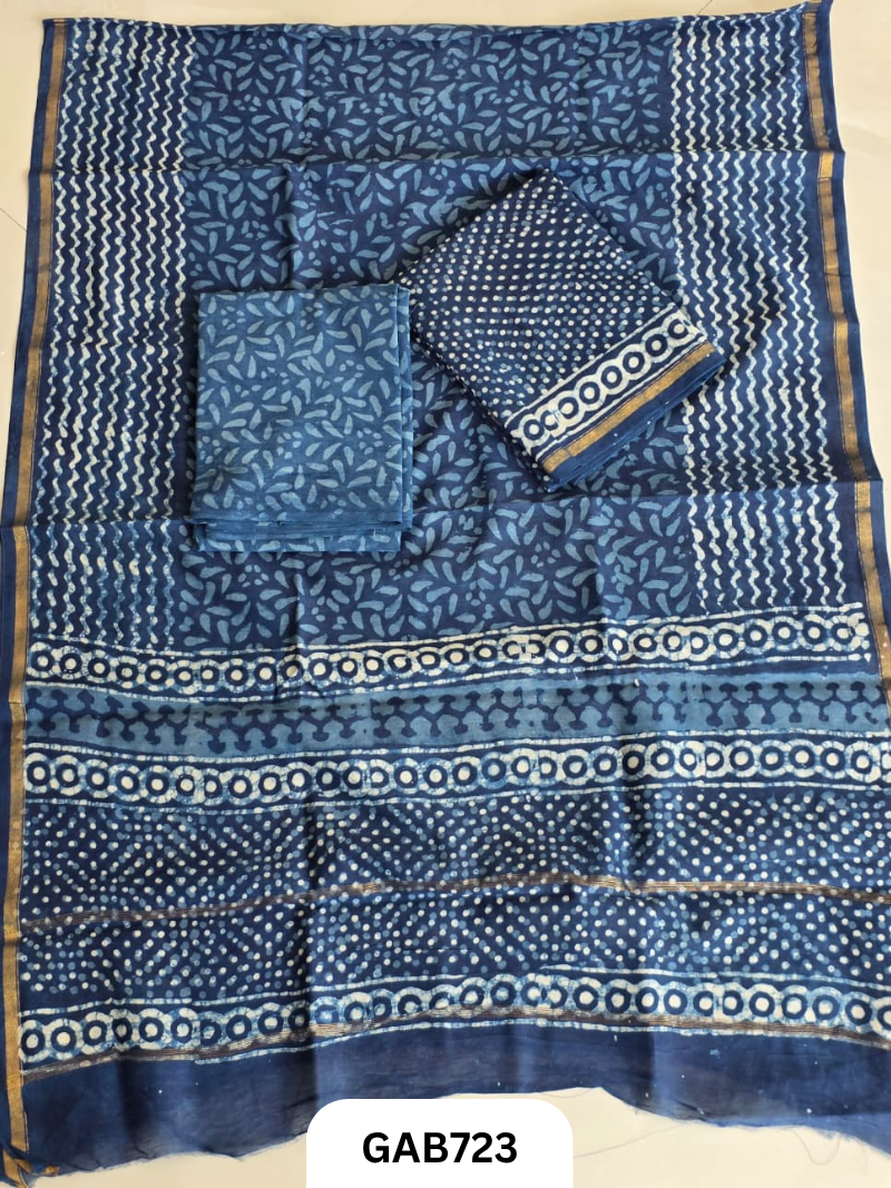 Hand Block Chanderi Silk Dress Materials Top 2.5 Mtrs Duptta 2.5 Mtrs