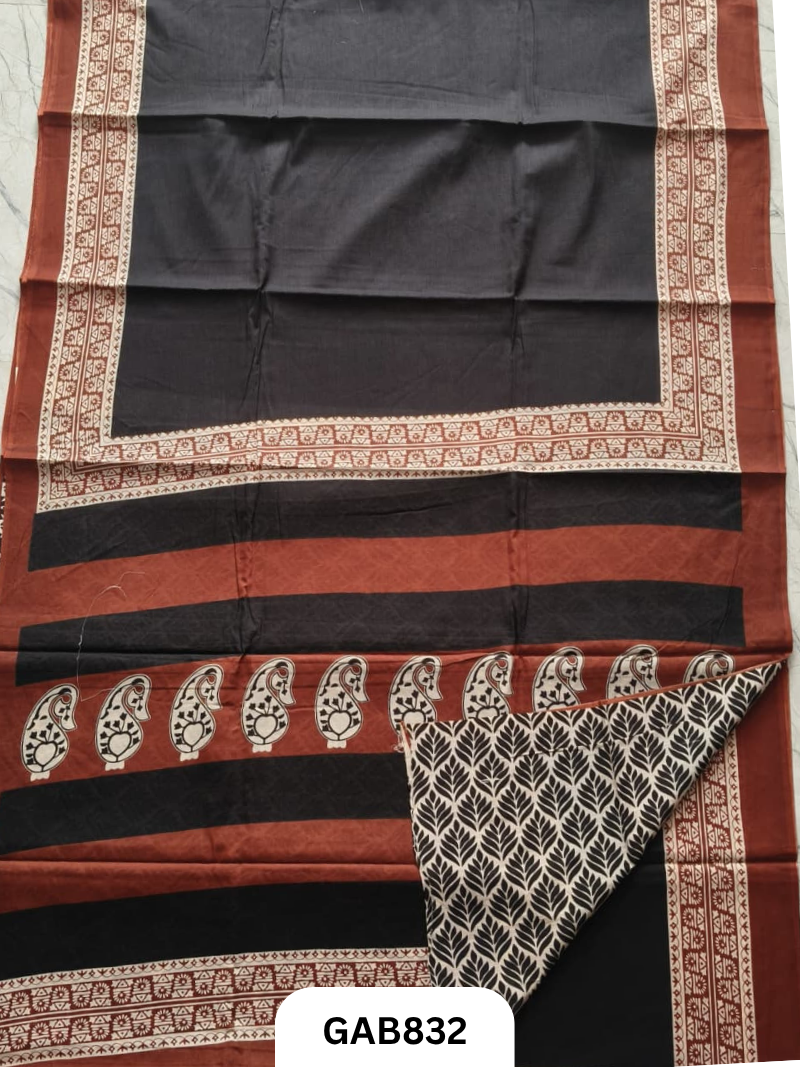 Bagru Block Print Cotton Mulmul Sarees With Running Blouse
