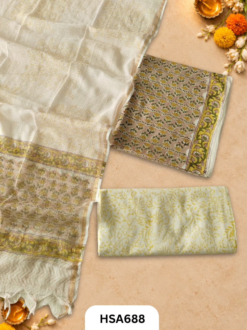 Handblock Printed Kota Doriya Dupatta With Cotton Suits Top 2.5mtr Dupatta 2.5mtr