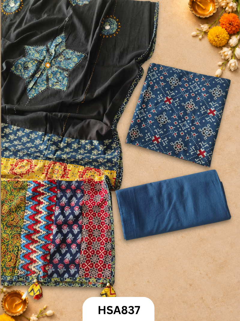 Ajrahk Print With Patch Work And Mirror Work Dupatta