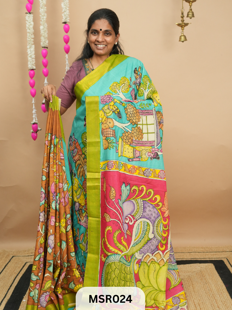 BANGLORE SILK WITH MANGALAGIRI BORDER FULL KALAMKARI
