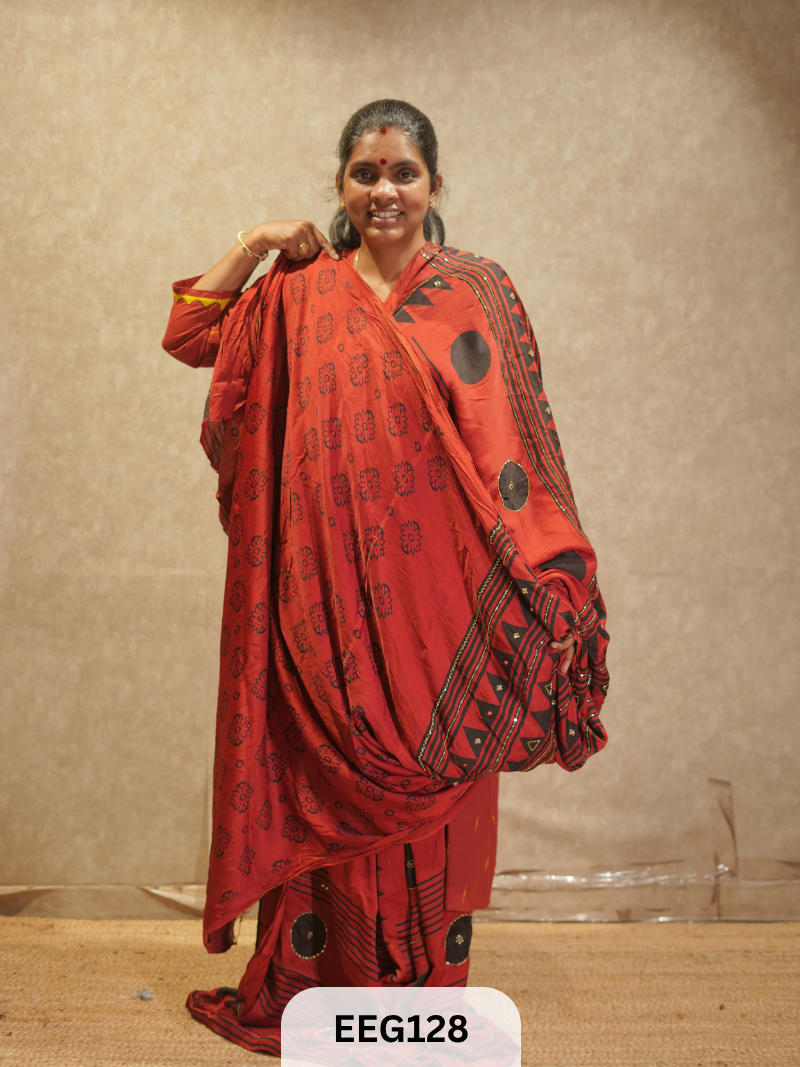 AJRAKH MODAL SAREE WITH KHATLI HANDWORK