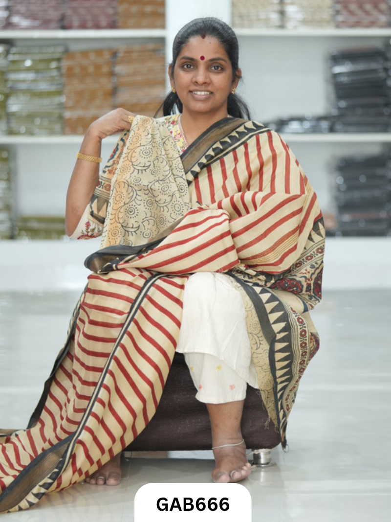 Hand Block Printed Maheshwari Silk Saree