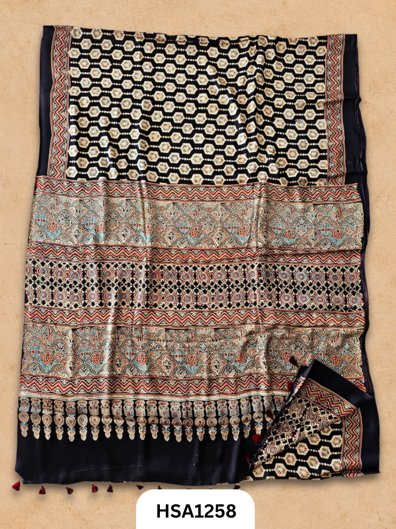 Natural Dye Vegetable Hand Block Print Ajrakh Print Pure Modal Silk Saree