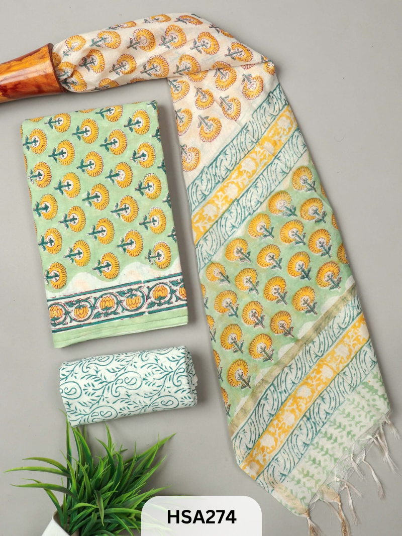 COTTON SUIT WITH CHANDERI DUPATTA HAND BLOCK PRINTED- 3PCS SET