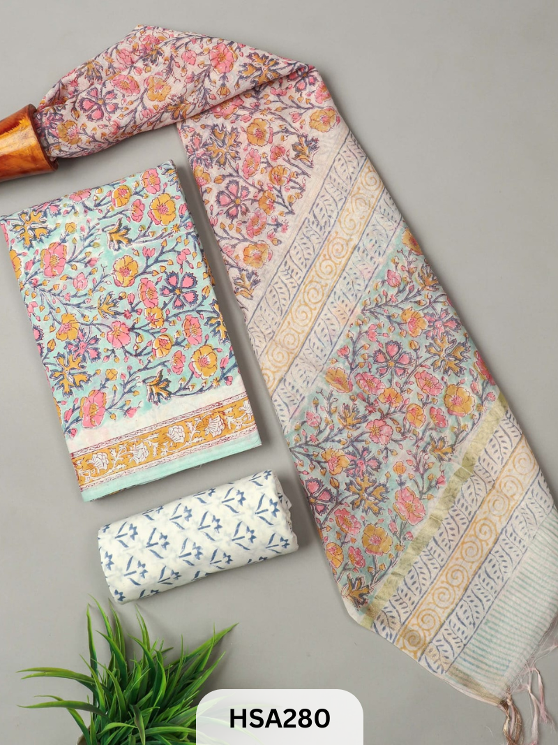 COTTON SUIT WITH CHANDERI DUPATTA HAND BLOCK PRINTED- 3PCS SET