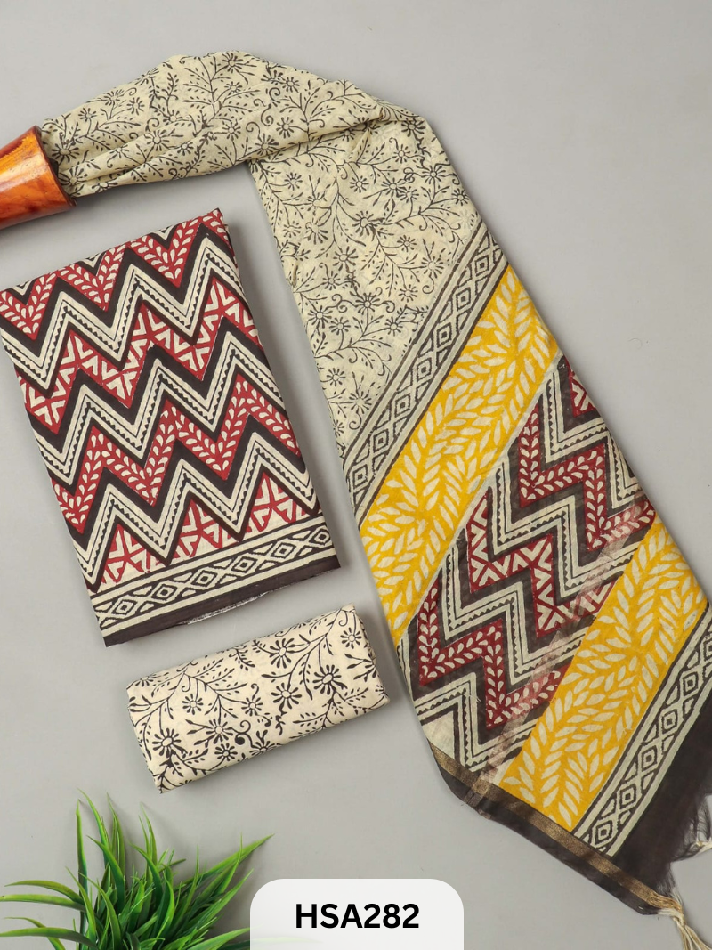 COTTON SUIT WITH CHANDERI DUPATTA HAND BLOCK PRINTED- 3PCS SET