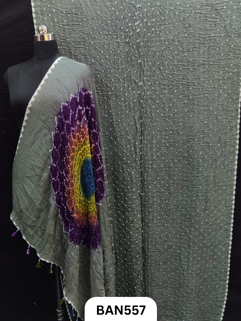 Semi Gaji Silk Multicolor Gul Pallu Bandhej Saree With Hand Tussels