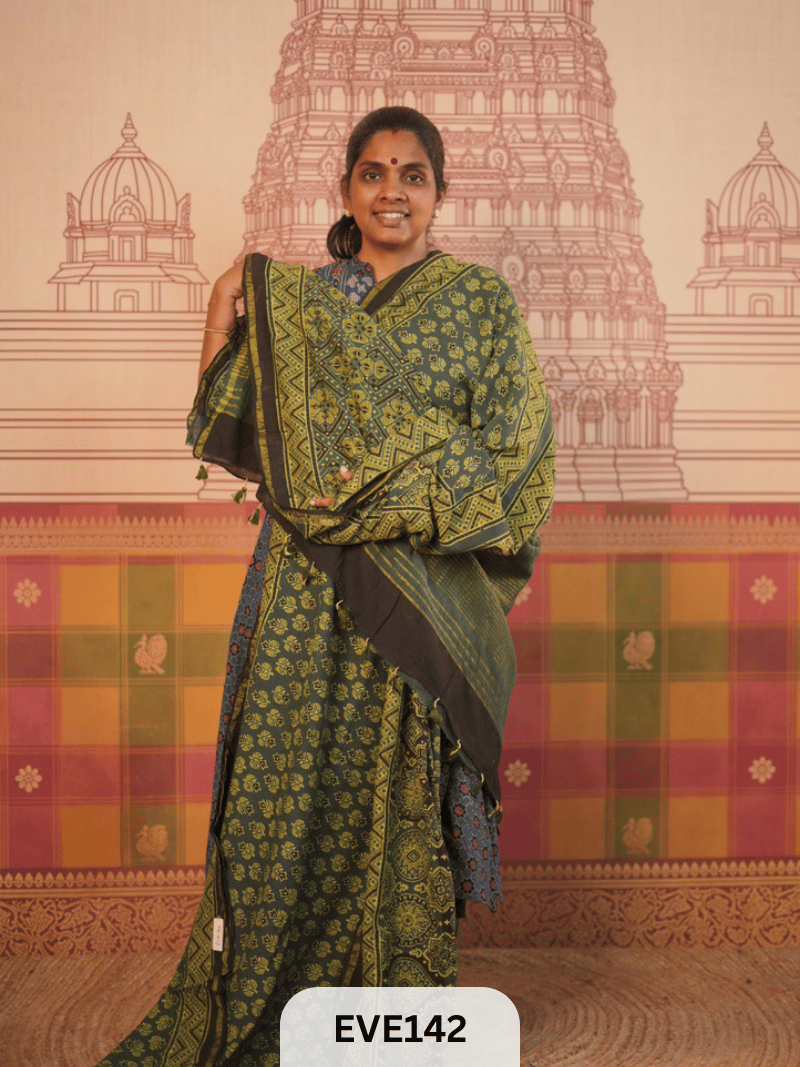 PURE CHANDERI SILK AJRAKH HANDBLOCK SAREE