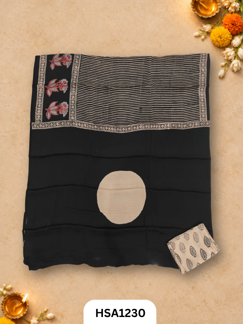 Hand Block Print Ajarkh Vanaspati Modal Silk Saree with blouse