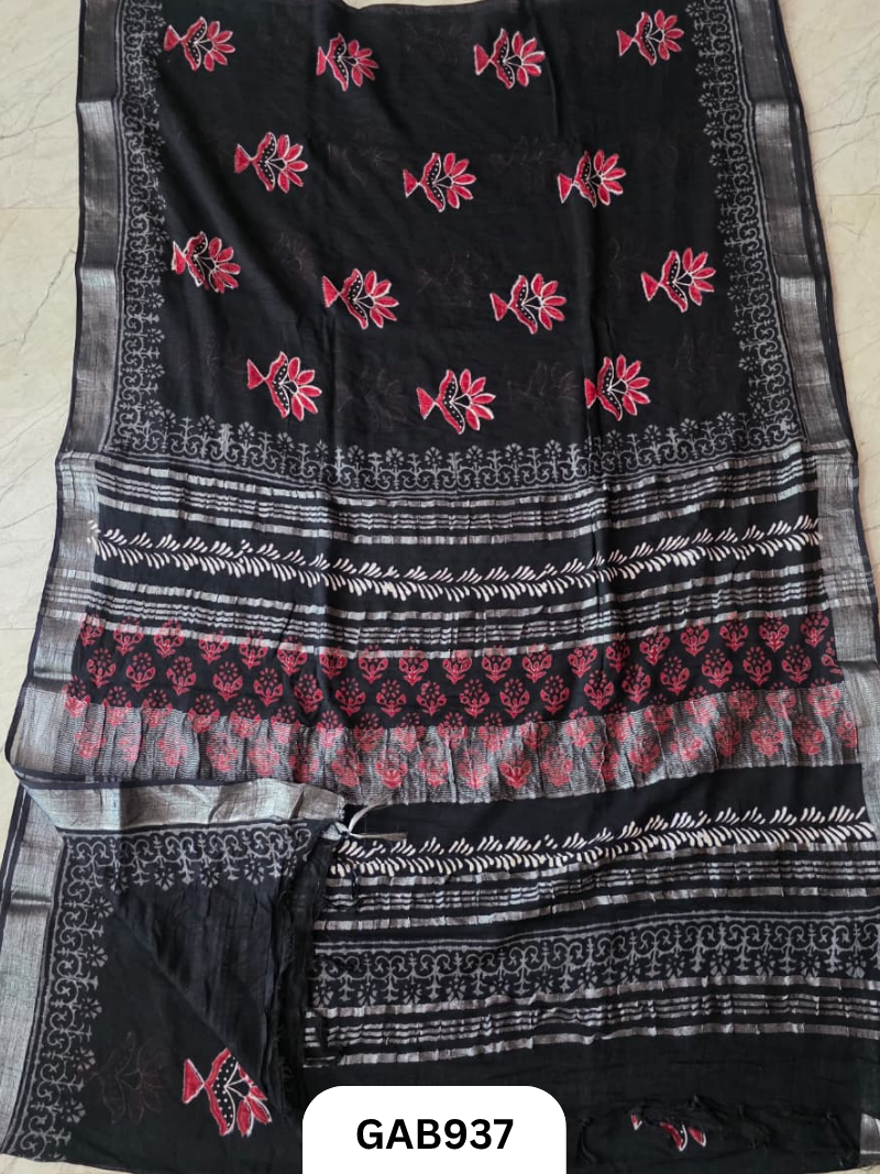 Bagru Handblock Print Linen Saree With Attached Blouse