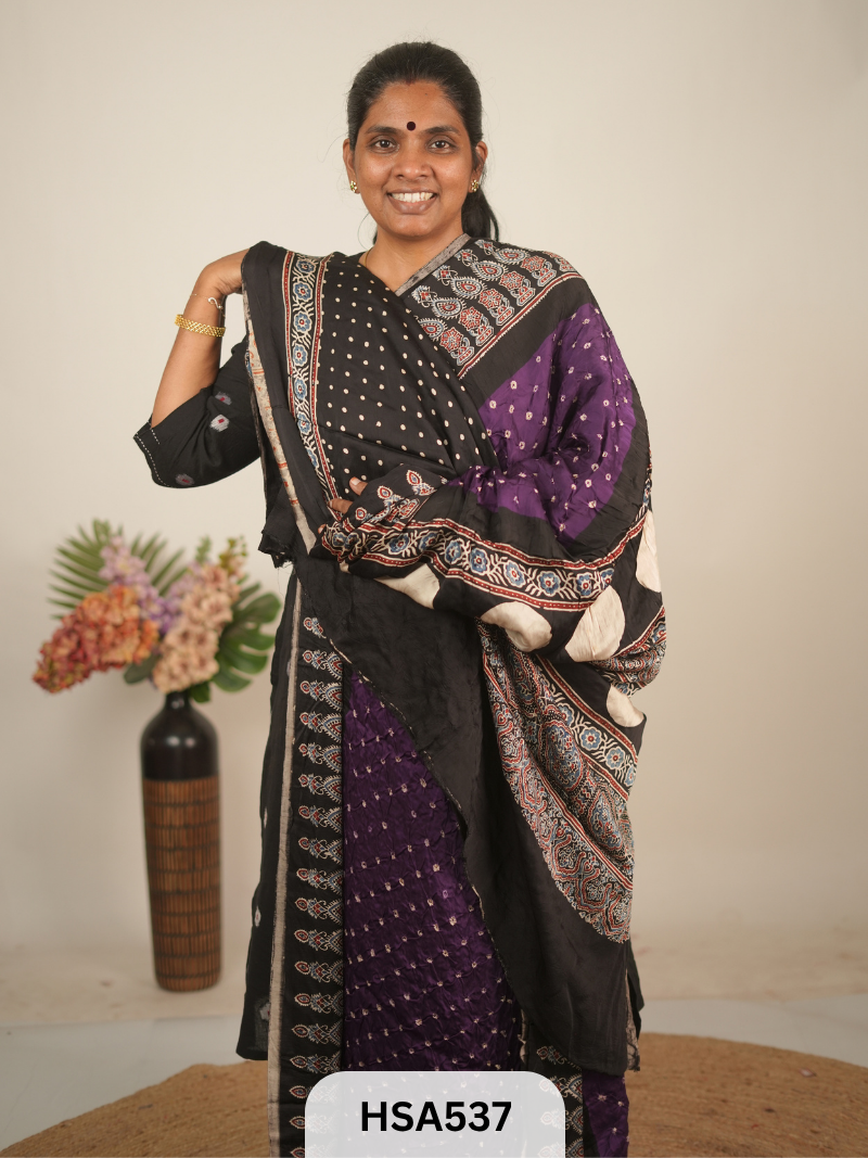 MODAL AJRAKH WITH BANDHINI SAREE
