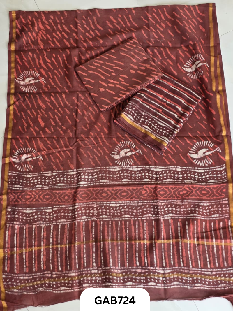 Hand Block Chanderi Silk Dress Materials Top 2.5 Mtrs Duptta 2.5 Mtrs