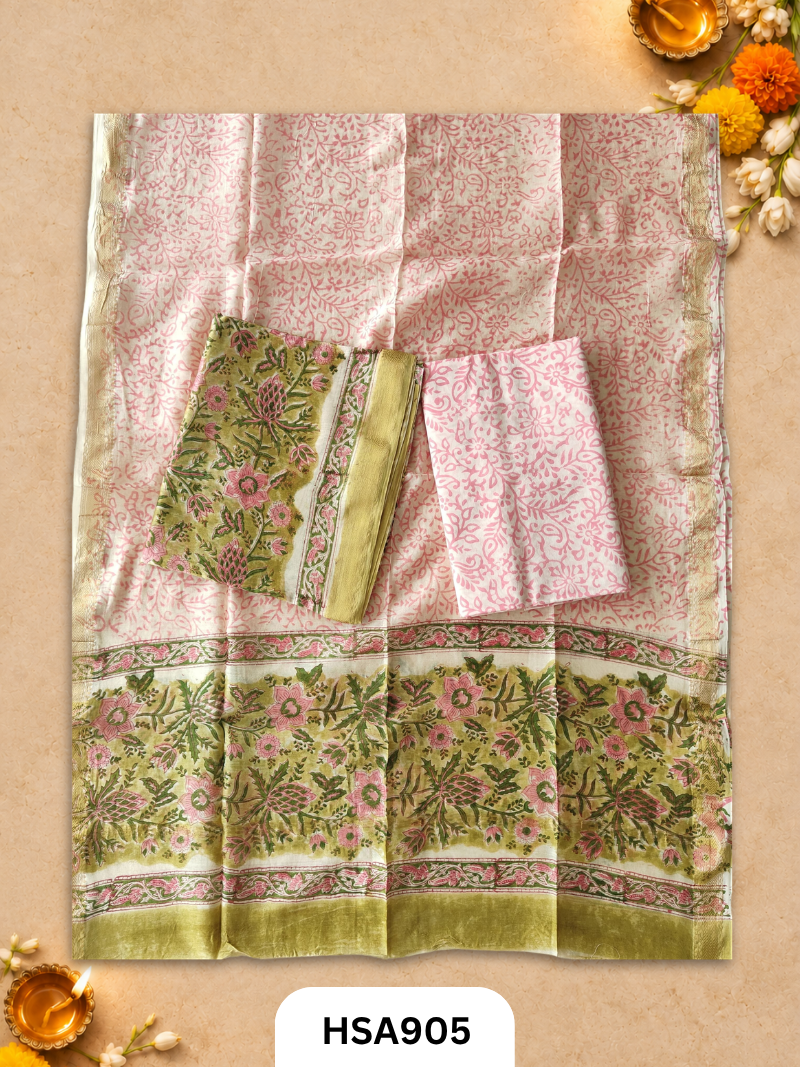 HandBlock Printed Maheshwari Silk Zari Border Top & dupttas 2.5 Mtrs | Bottom cotton 2.50 mtrs