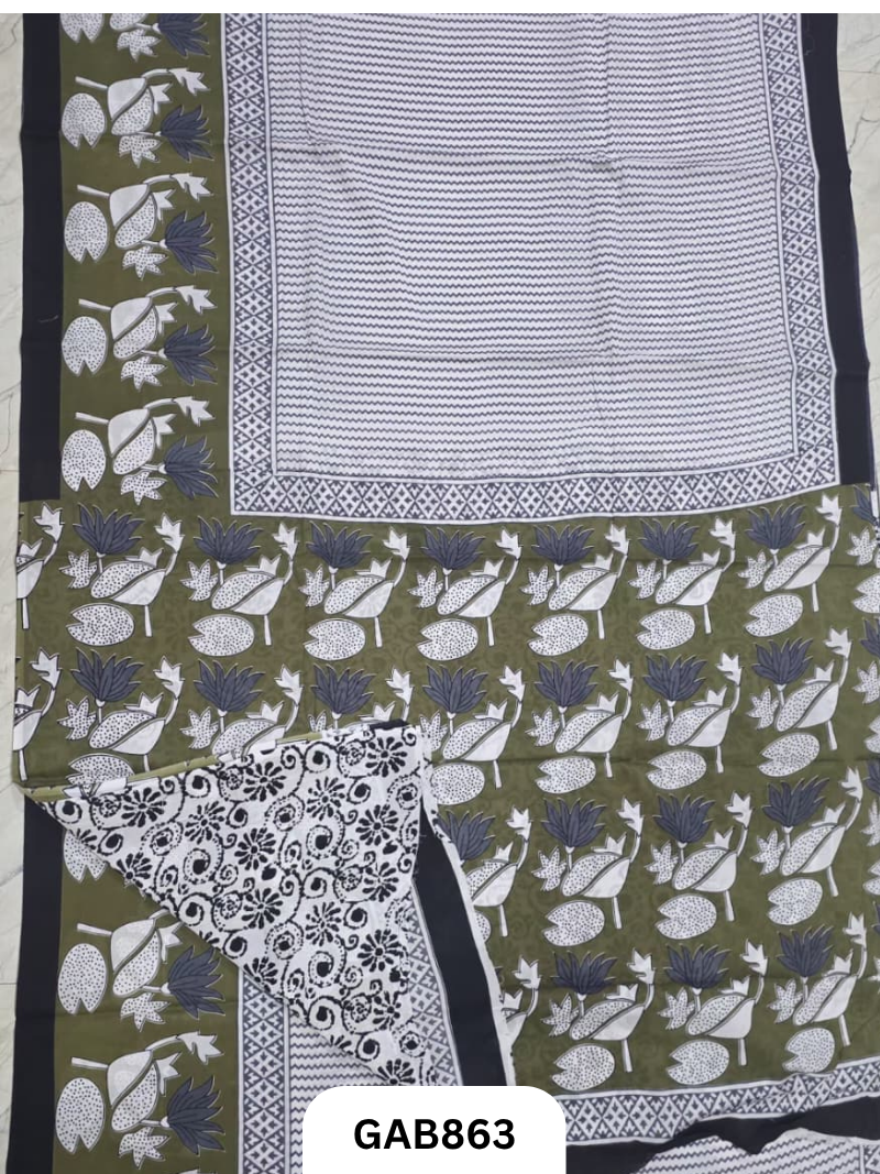 Bagru Block Print Cotton Mulmul Sarees With Running Blouse