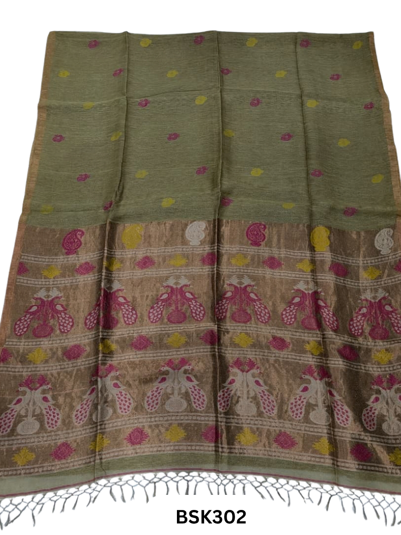 Handloom Pure Linen Silk Jamdhani Weave Saree