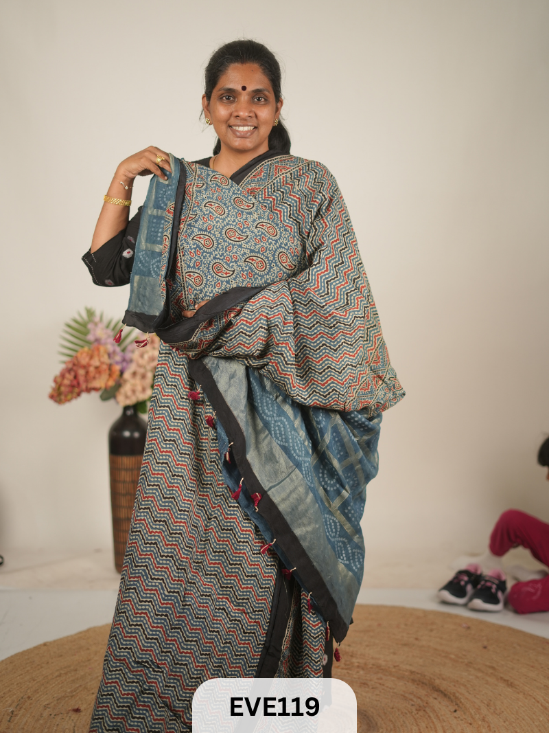 TUSSAR CHANDERI WITH GHARCHOLA - NATURAL AJRAKH HANDBLOCK