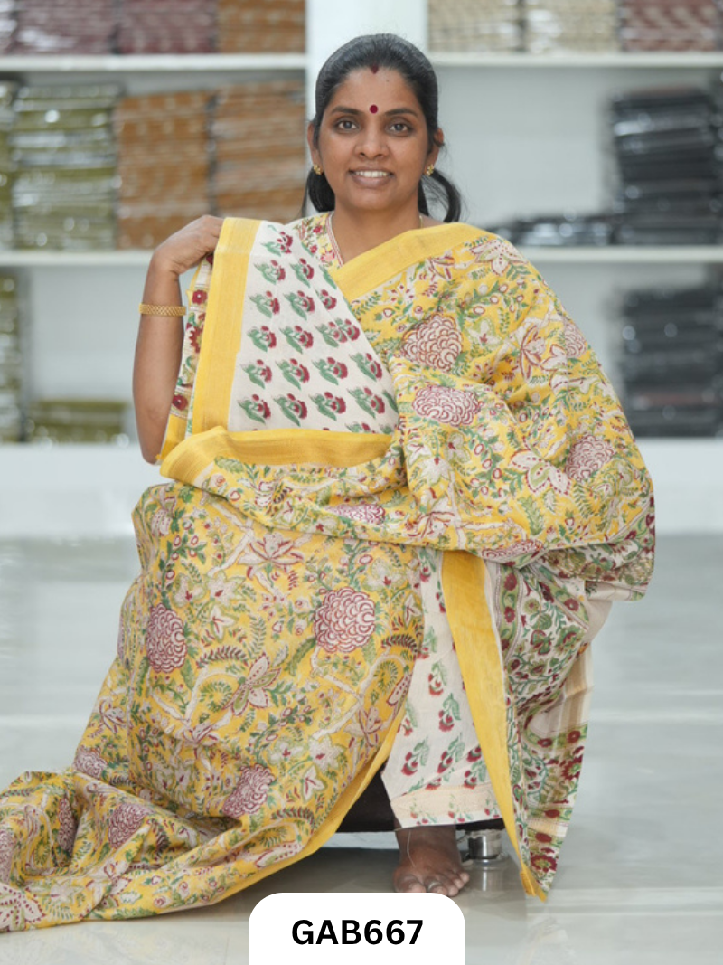 Hand Block Printed Maheshwari Silk Saree